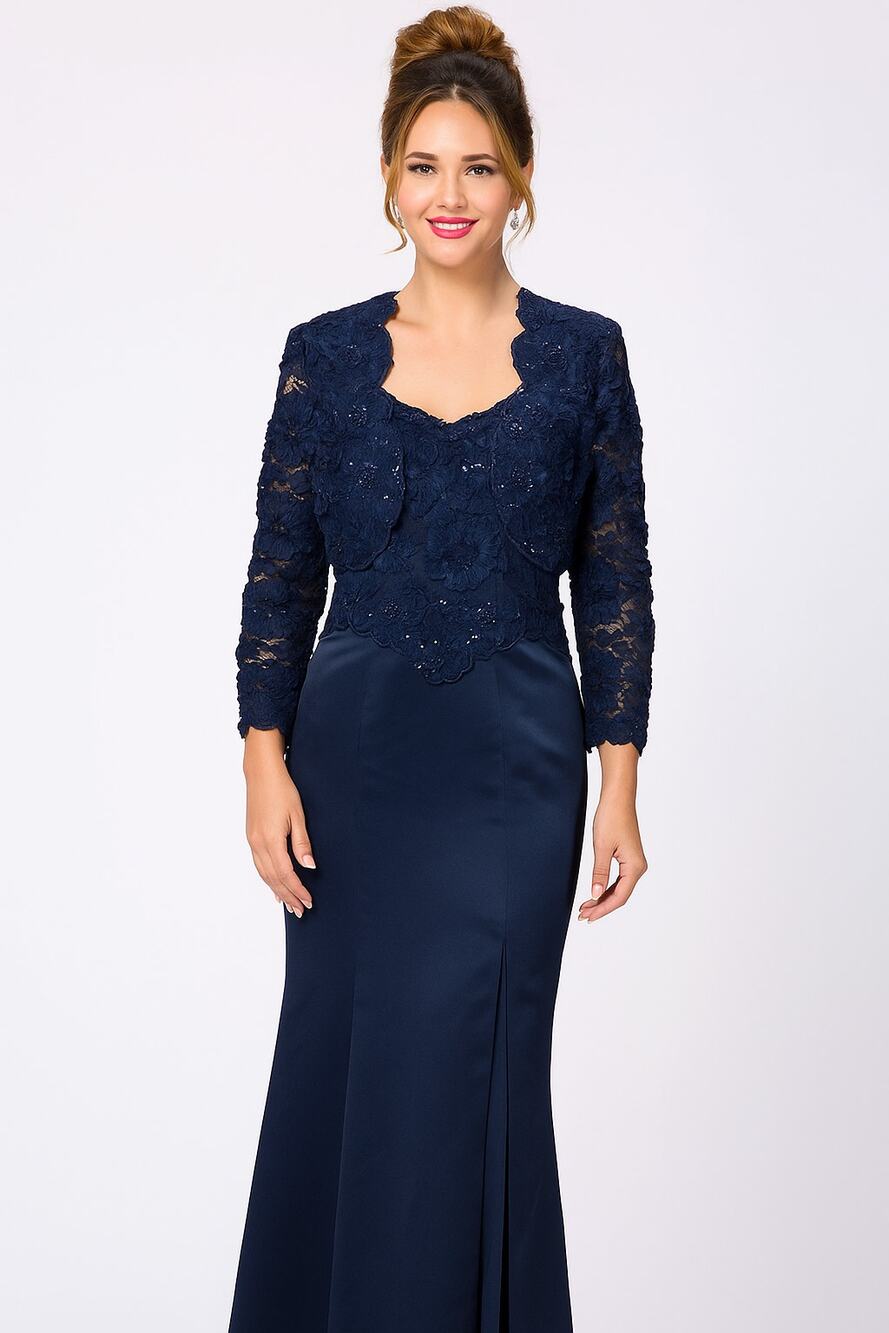 Vtg Tina Di Martina Navy Blue Lace Satin 2 Pc Dress Set Jacket Gown No Size Tag